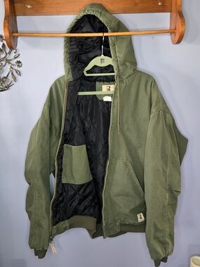 XLT Real Work - Olive Green Denim Hooded Work Coat Zip Up Warm